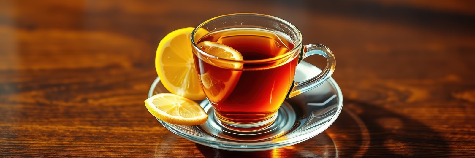 Warm cup of tea with lemon slice on a wooden table in a cozy setting during the afternoon